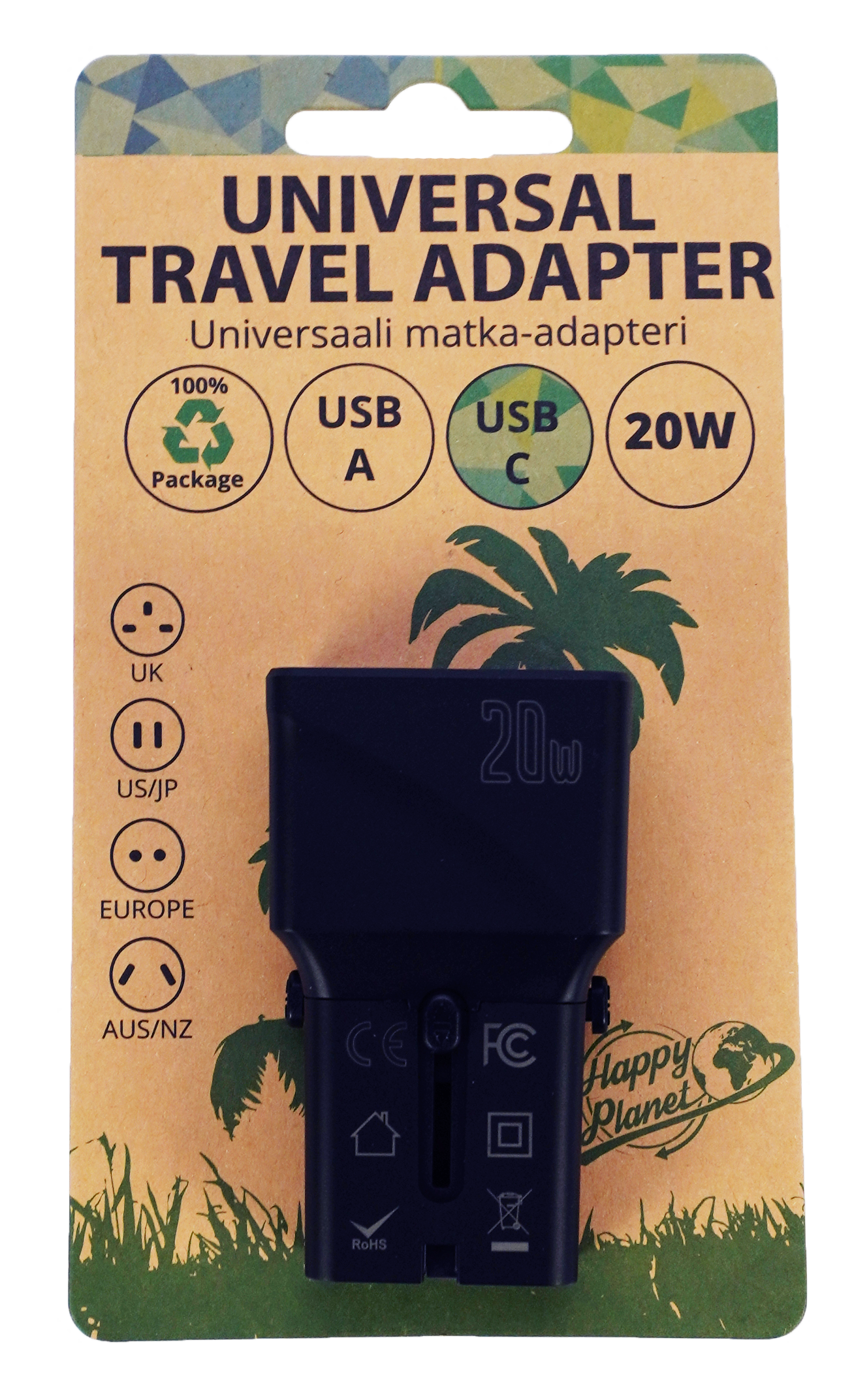 Universaali matka-adapteri 20W USB-A USB-C paikoilla