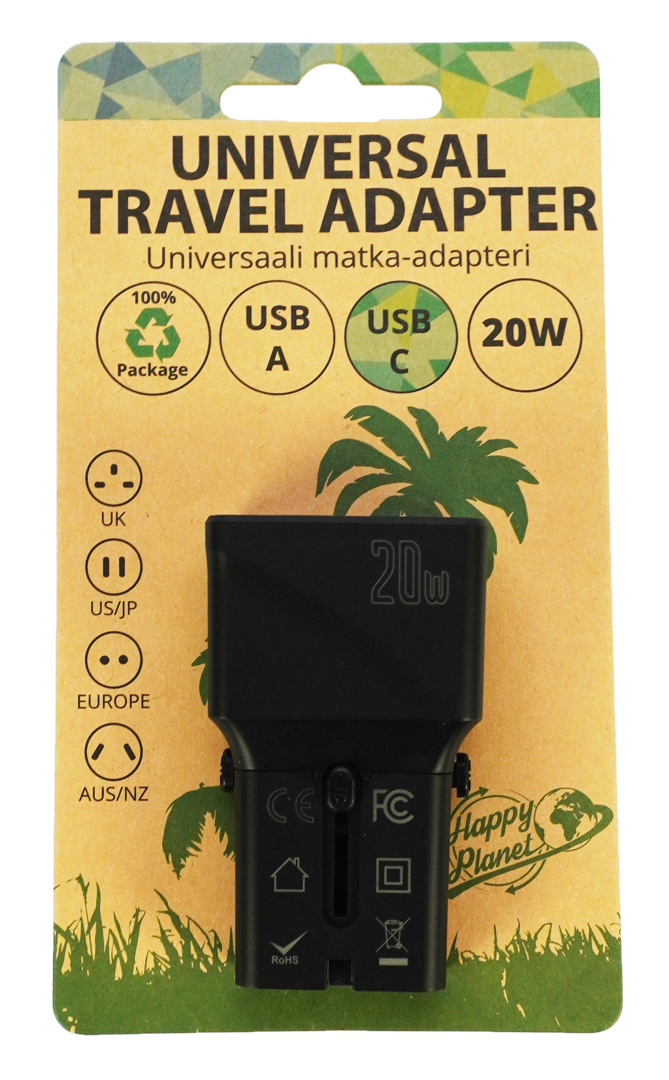 Universaali matka-adapteri 20W USB-A USB-C paikoilla