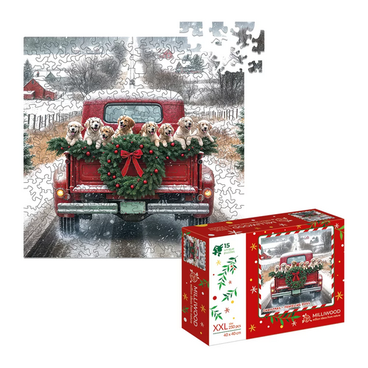 Christmas Traveling Dogs Wooden Puzzle Square XXL