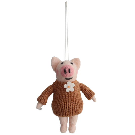 Ornament Woolen pig with brown sweater  11 cm