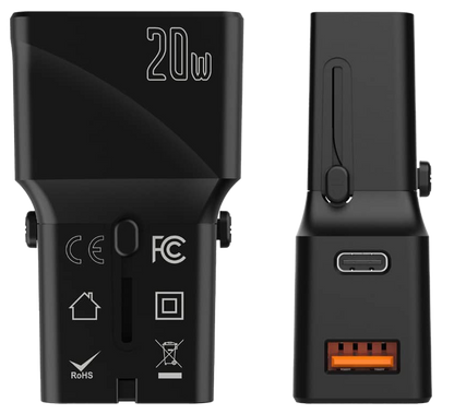 Universaali matka-adapteri 20W USB-A USB-C paikoilla